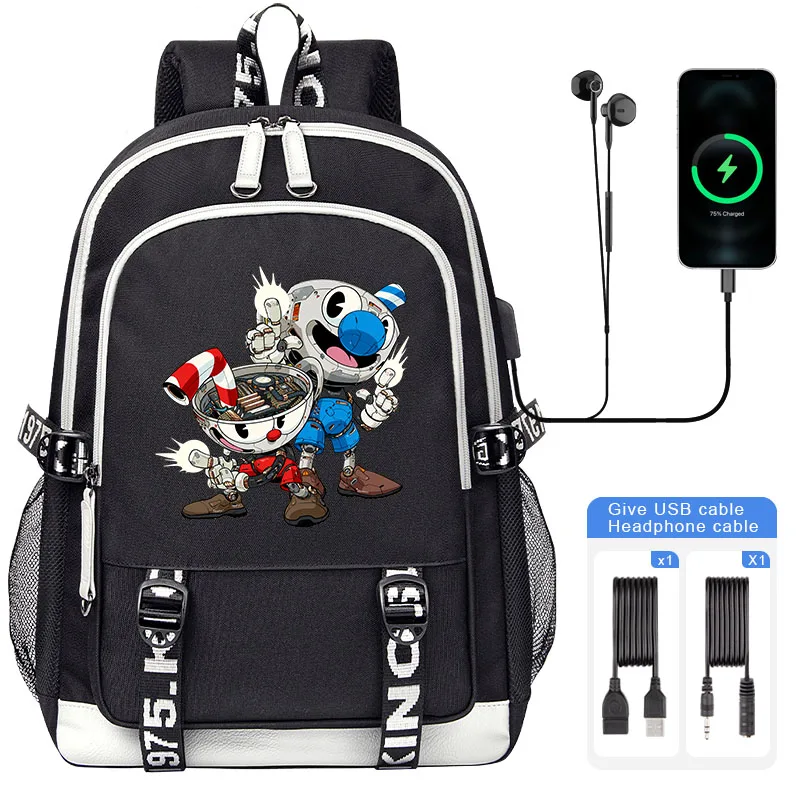 

Cuphead Mugman Children Backpack high quality Cartoon Boy Girl Student School Bags Teenager USB Charging Laptop Book Bag Mochila