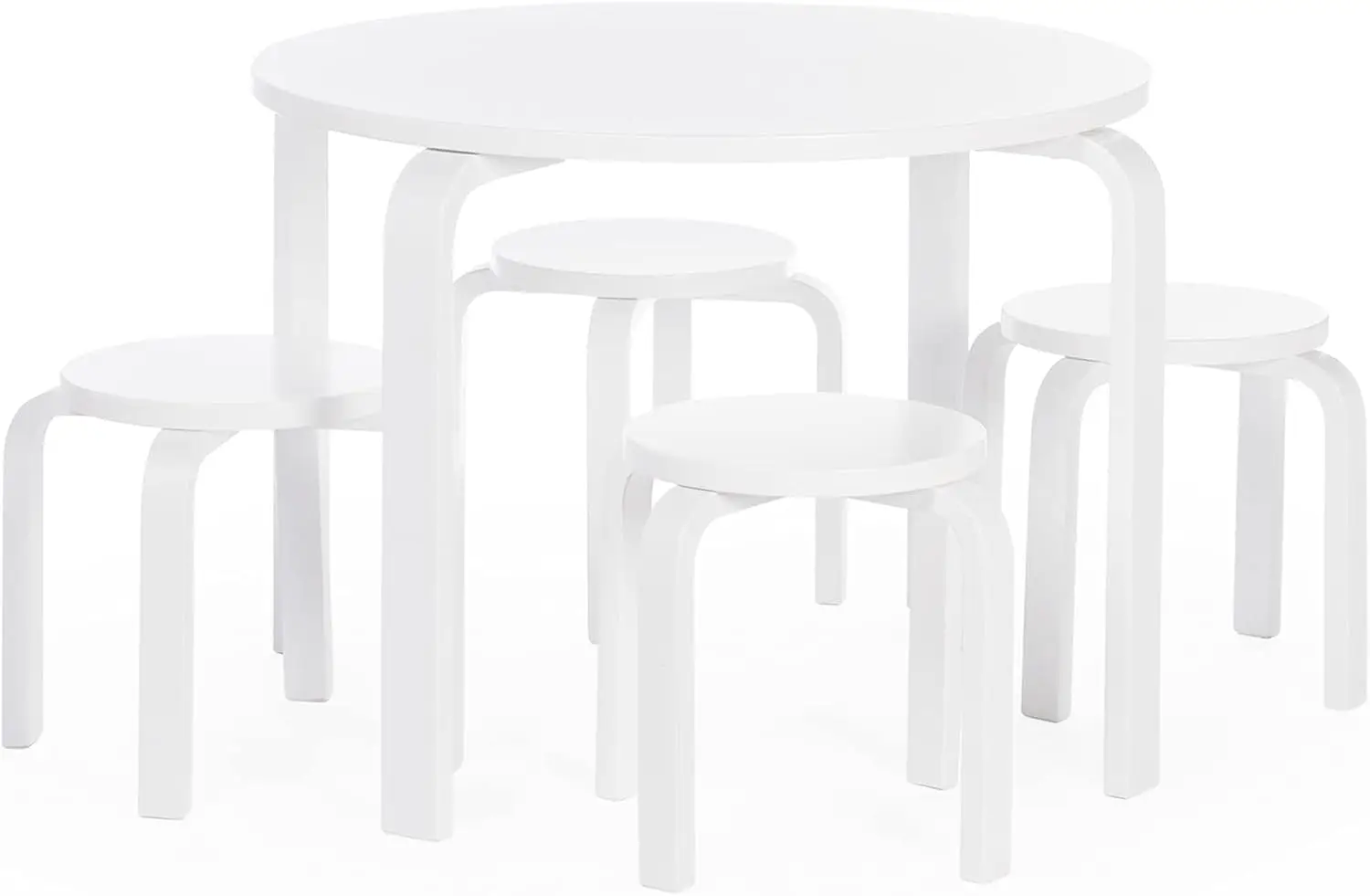 Nordic Table and Chairs Set for Kids: Natural - 4 Stacking Bentwood Stools with Curved Wood Activity Table - Children