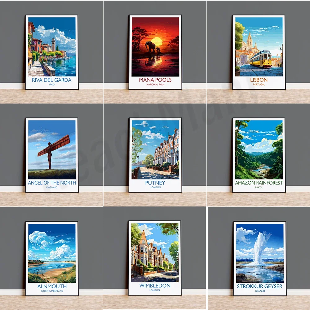 Angel of the North, Putney, Wimbledon, Brighton, Alnmouth, Stoke Geyser, Amazon Rainforest, Lisbon, Forest of Dean travel poster