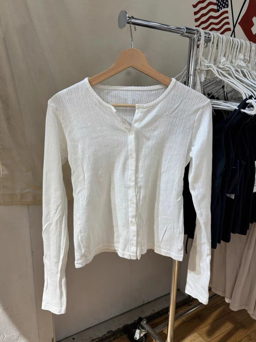 White Knitted Eyelet Cardigan T-shirt Women Lace Trim Scoop Neck Long Sleeve Slim Tee Shirts Sweet Casual Fashion Crop Tops Y2k