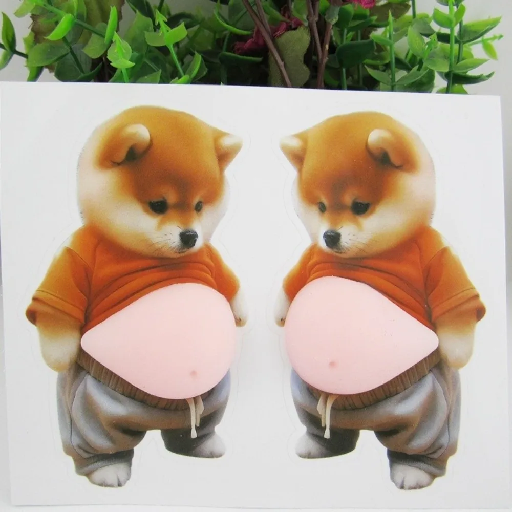 Autocollants 3D Shiba Inu Chubby, autocollants de ventre de chien compressibles, autocollants 3D, fond rose doux, décoration de coque de téléphone