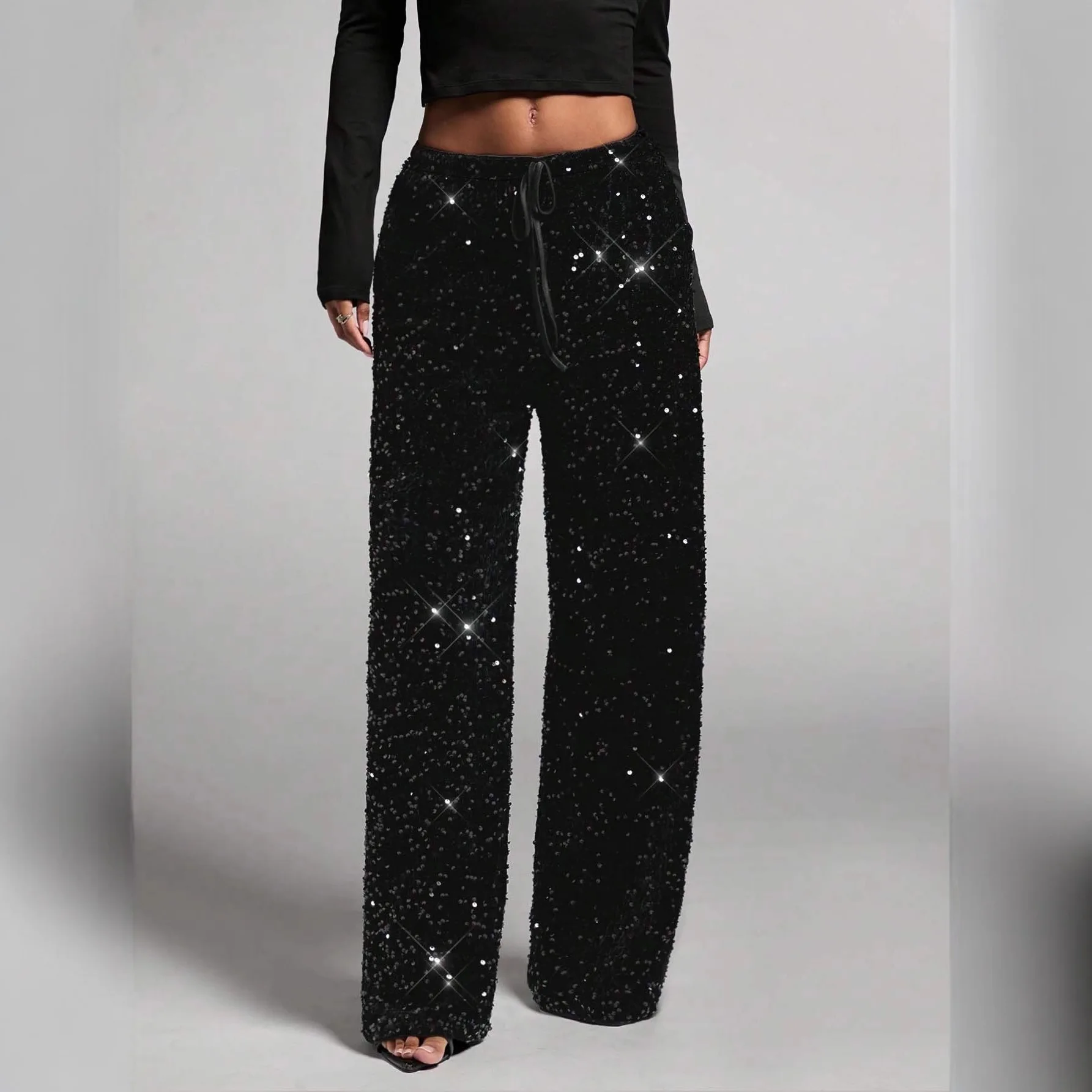 

2026 New Fashion Sequined Lace-up High-waisted Wide-leg Pants Women Spring Casual Loose Home Straight Nine-point Pants For Women