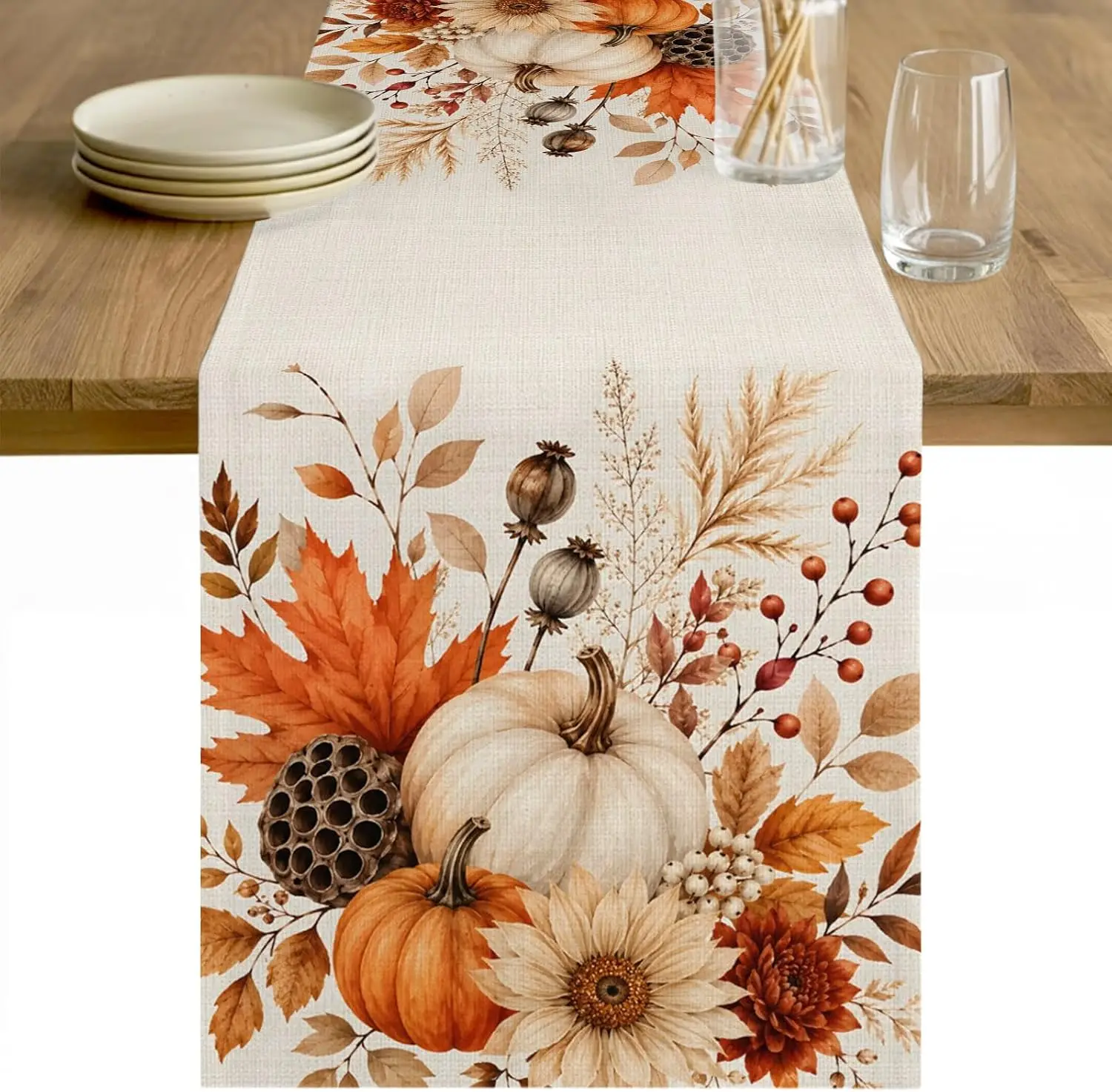 Fall Harvest Pumpkin Maple Leaves Berry Linen Table Runner Party Decor Reusable Kitchen Dining Table Runner Autumn Decorations
