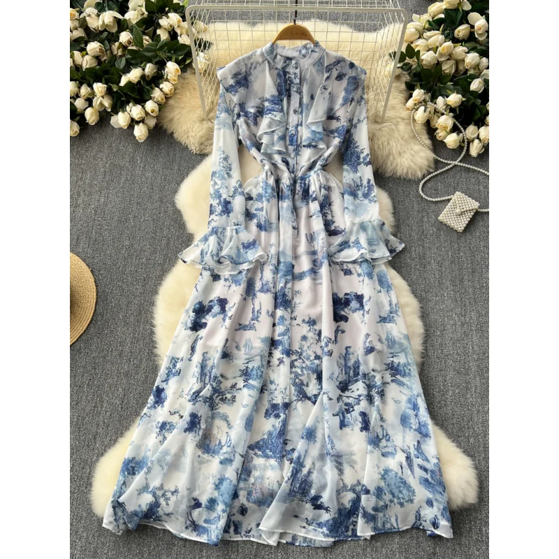 

Niche Retro Elegant Ink Print Dress for Women French Style High-end Waist-cinching Slimming Flared Chiffon Long Dress