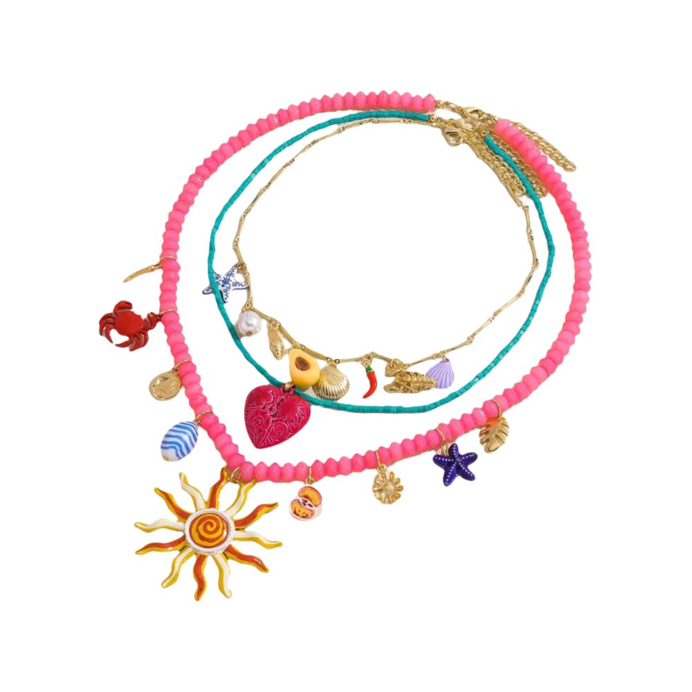 

3PCS Multi-layer Summer Vacation Beaded Necklace Heart Conch Crab Alloy Sun Face Pendant Dopamine Ocean Style Pendant Necklaces
