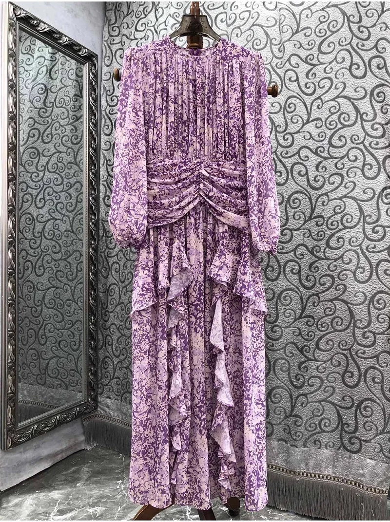 

New 2023 Autumn Long Dress High Quality Clothes Women Pleated Ruffle Floral Deco Long Sleeve Elegant Party Purple Dress Maxi