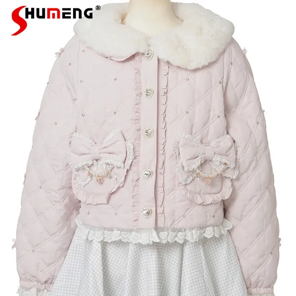 

Japanese Style Sweet Cute Plush Doll Collar Lace Patchwork Bow Heart Button Lolita Short Cotton Jackets Coats for Women Winter