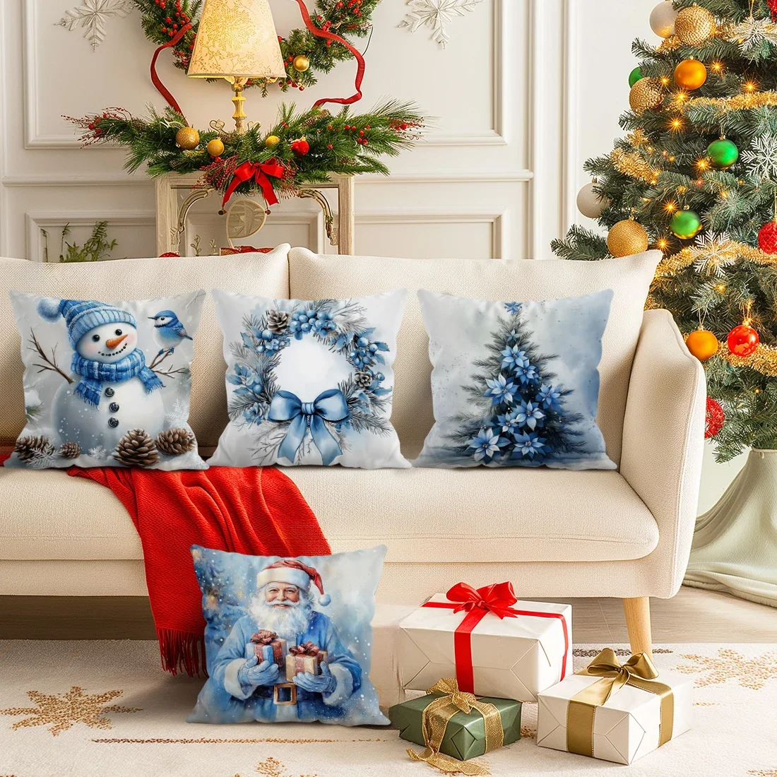 

4pcs Christmas Snowman Pillowcase Set Winter Scene Printed Sofa Cushion Covers, Single-Sided Design