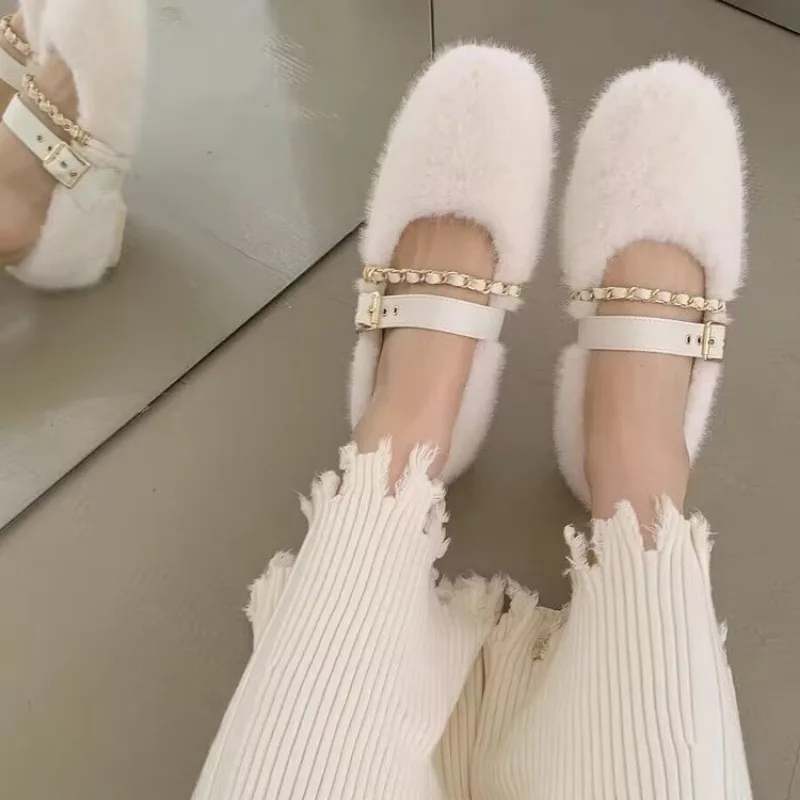 Designer Spring Autumn Women Warm Fur Shoes Fashion Shallow Slip On Ladies Flats Shoes Round Toe Women\'s Mary Jane Shoes