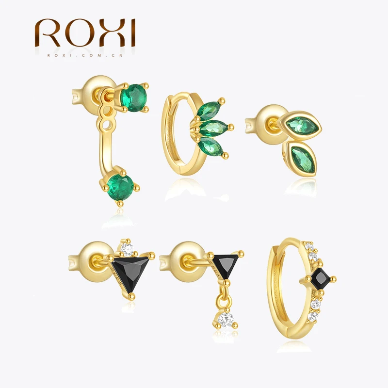 ROXI 925 Sterling Silver Horse Eye/Triangle Green/Black Zircon Earrings Set Women 3 Piece Geometric Earring WeddingJewelry Gift