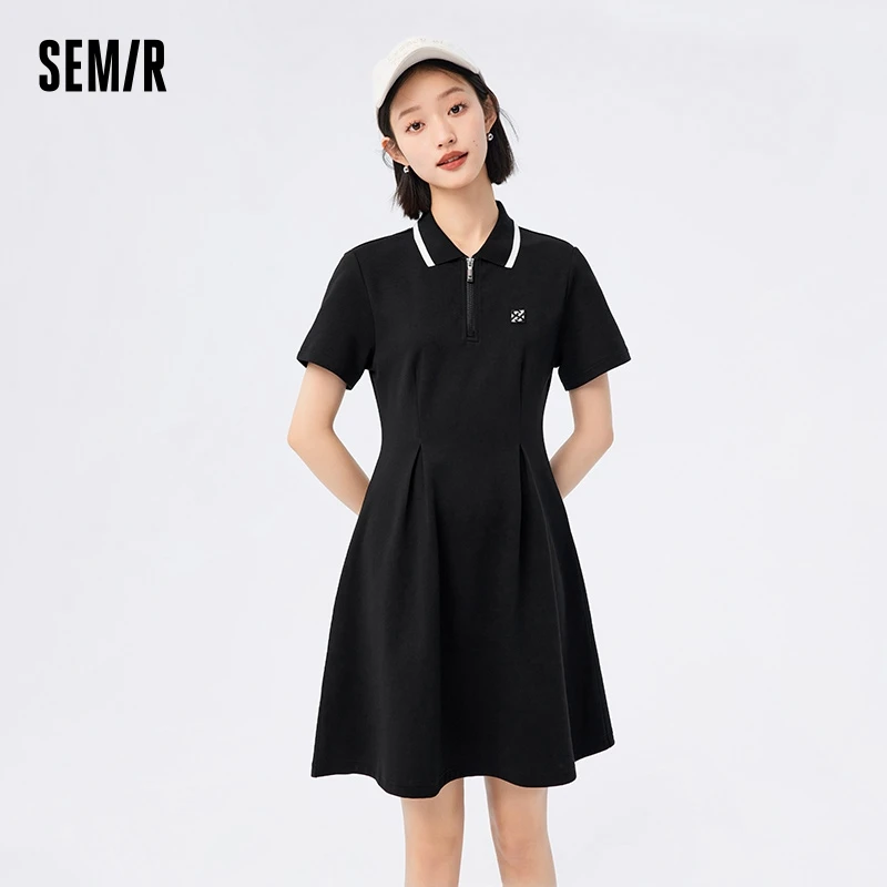 Semir-vestido fino de cintura feminina, gola polo, estampa completa, verão, novo, 2024