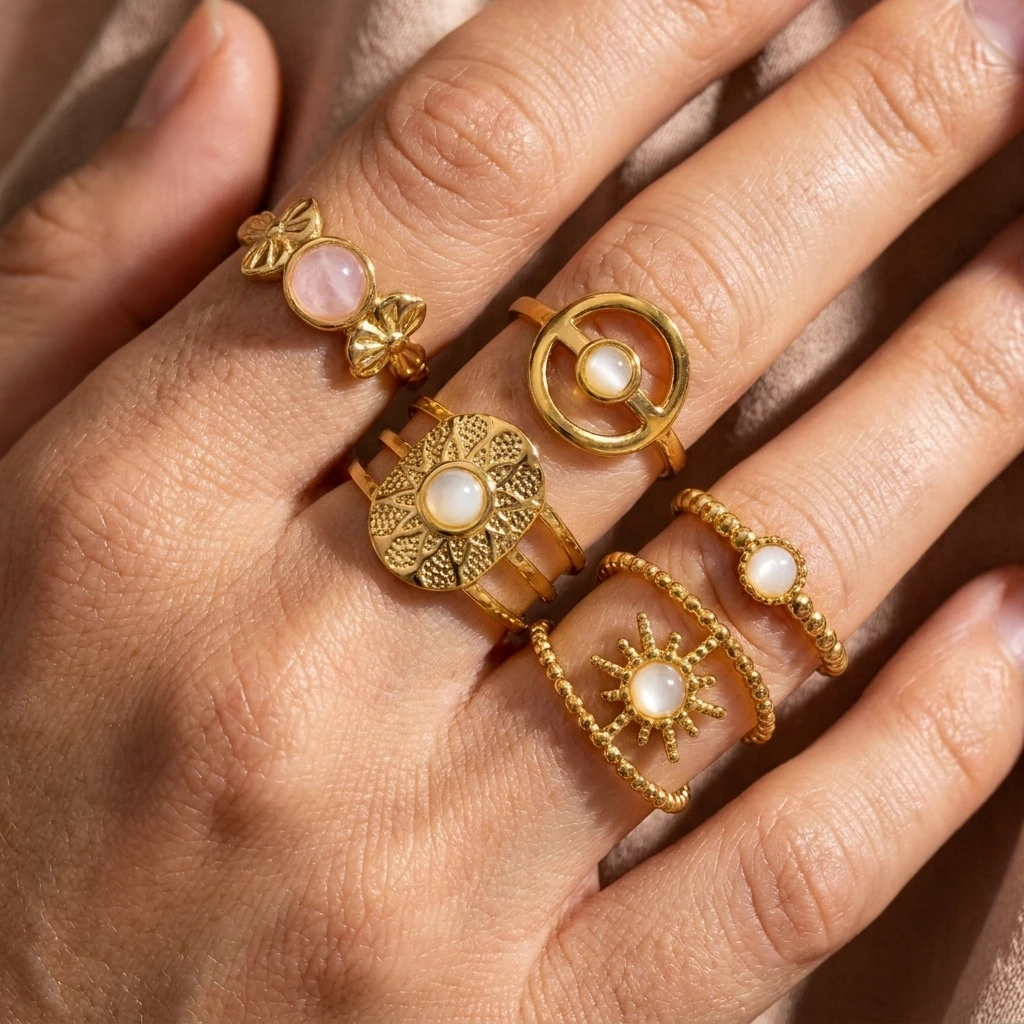5PCS/Set Bohemian Style Geometry Hoop Ring Set Stainless Steel Hollow Vintage Ladies Stackable Finger Ring Jewelry Gift