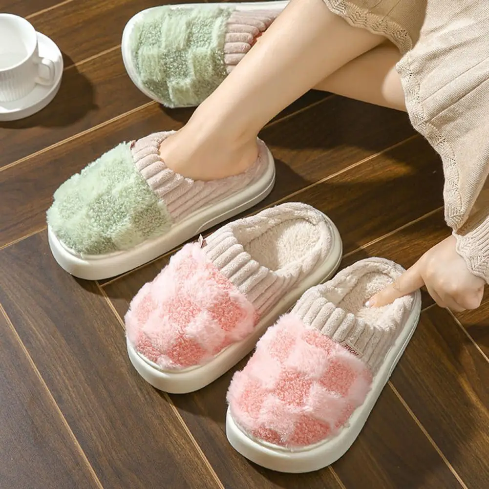 1 Pair Winter Cotton Slippers Thick Wear-resistant Sole Anti-skid Warm Plush Slippers Color Matching Soft Homewear Slippers