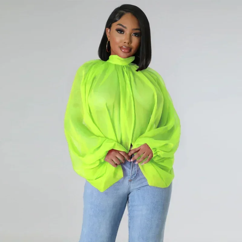 

KEXU Soild Chiffon Batwing Long Sleeve Front Split See Though Loose Sexy Party Club Blouse Women Fashion Shirt Tops