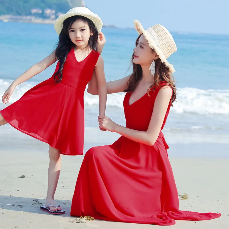 Vacation Mommy and Me Red Dresses Resorts Look Mother and Daughter Sleeveless Dress Mom Baby Girl Matching Holiday Beach Clothes