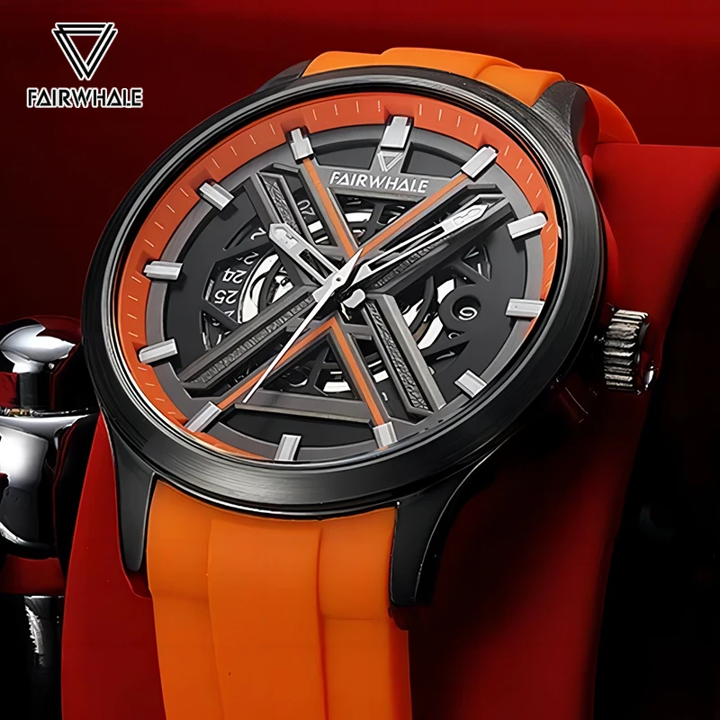 

Fashion Orange Automatic Watch For Men Famous Brands Mark Fairwhale Sports Silicone Strap Waterproof Mechanical Wristwatch Mans