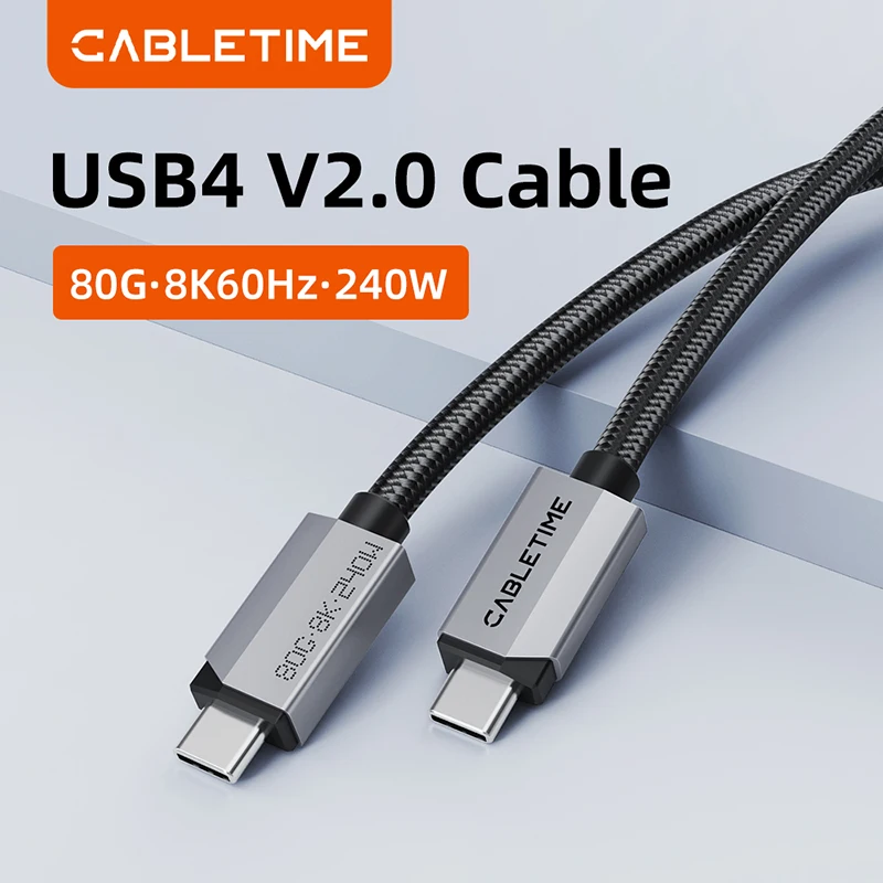 CABLETIME USB4 V2.0 Cable 80Gbps 240W PD 3.1 Braided Jacket Data Transfer 8K@60Hz for Phone Monitor PS5 High-Speed Connectivity