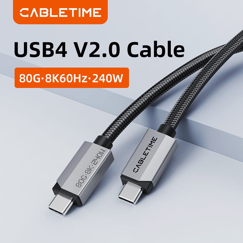  CABLETIME USB4 V2.0 Cable 80Gbps 240W PD 3.1 Braided Jacket Data Transfer 8K@60Hz for Phone Monitor PS5 High-Speed Connectivity 