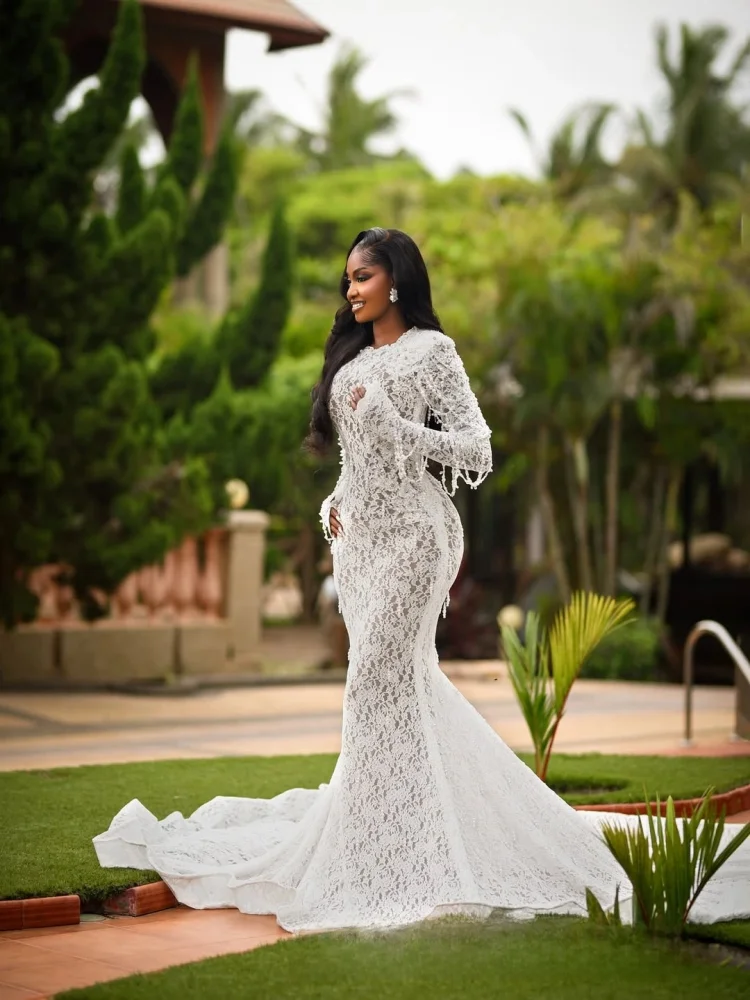 Элегантное свадебное платье русалки в стиле кантри с кружевом и жемчугом по индивидуальному заказу, халат De Mariee, роскошное винтажное свадебное платье с длинными рукавами