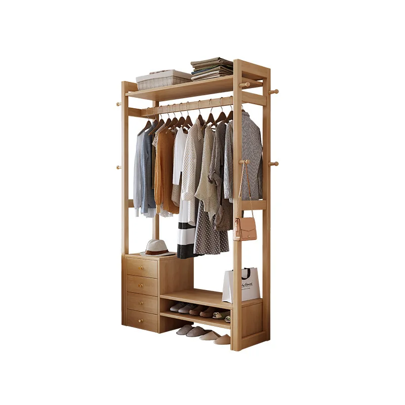 Solid wood floor coat rack, bedroom shoe rack, hanger integrated household living room door rack multi-function