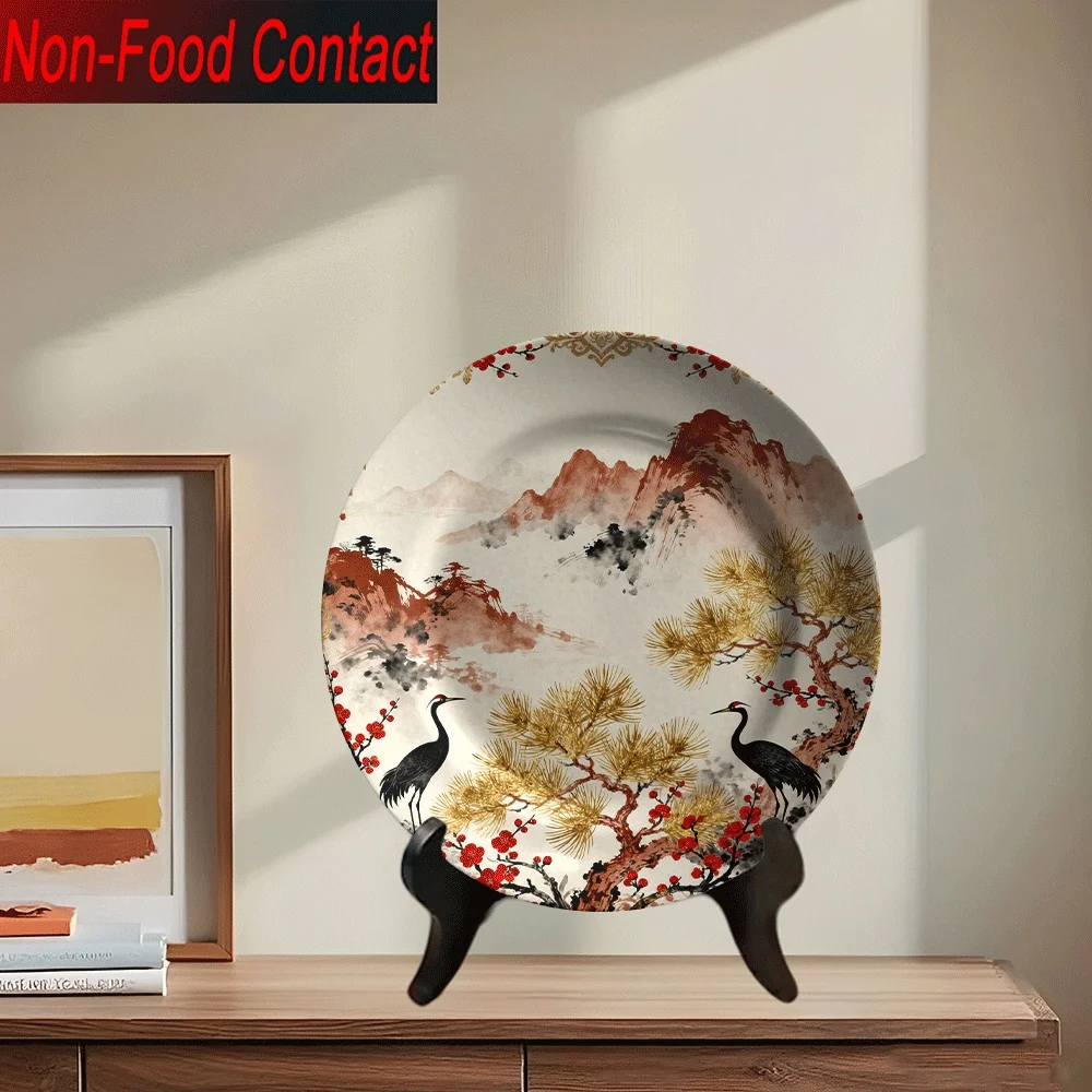 2D Flat, 2D Flat 1pc Ceramic Decorative Plate, Non-Consumable Pure Decoration, Chinese Style Landscape Pine and Crane Art for