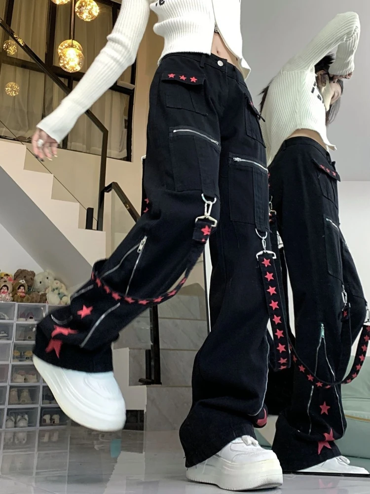 هوتشو Y2k بلاك ستار جرافيك المرأة البضائع الجينز الشرير واسعة الساق الأمريكية الرجعية مستقيم سراويل جينز فضفاض الجرونج الشارع الشهير