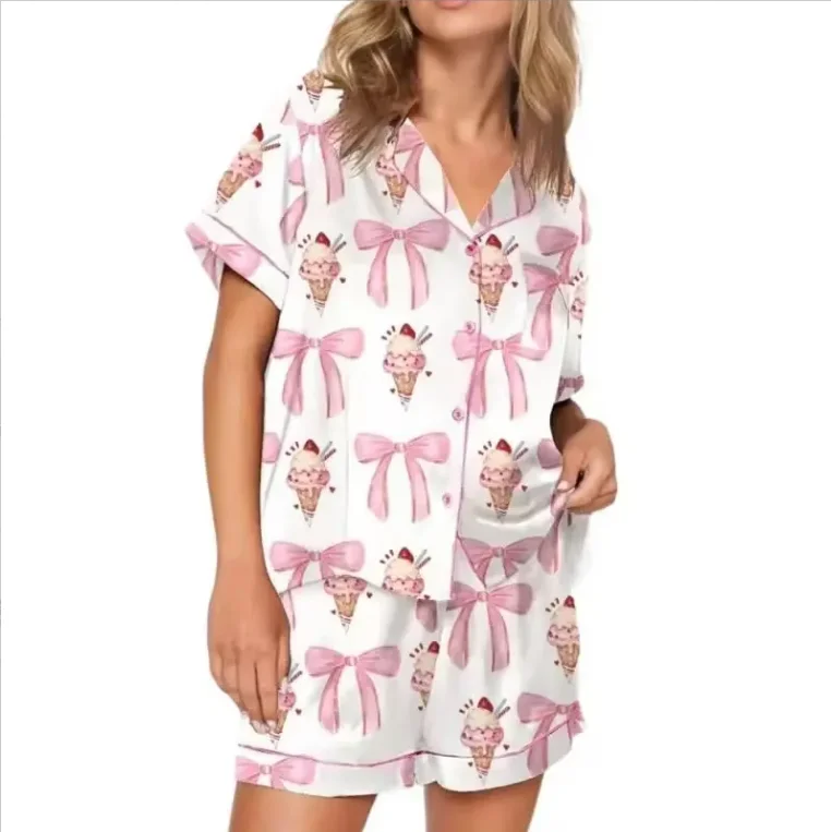 

Women's Casual Floral Print Pajama Set Short Sleeve Lapel Top And Soft Elastic Shorts Comfortable Perfect For Summer Loungewear