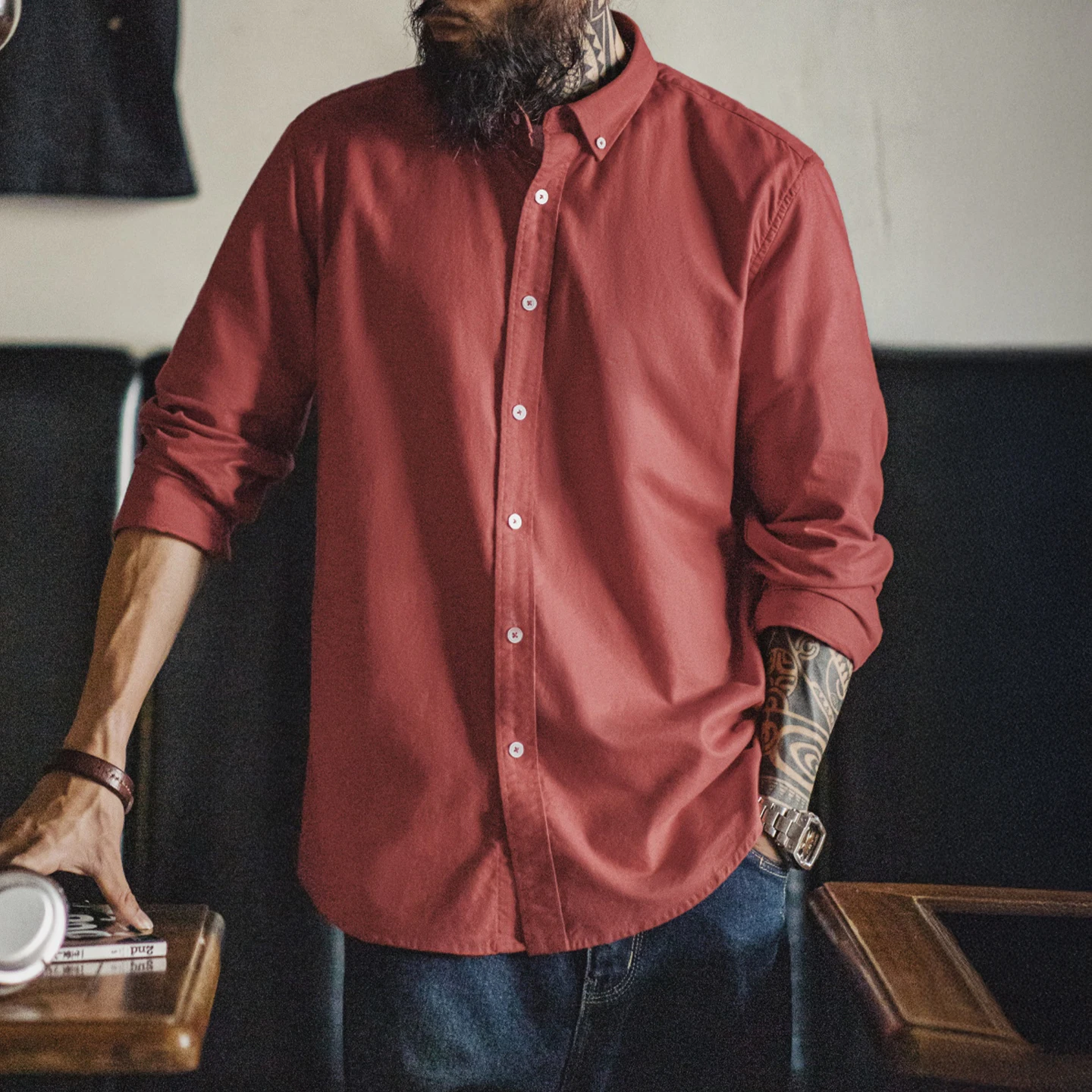 Maden خمر أكسفورد قميص الرجال نحى قميص قطني بكم طويل بلوزة واحدة الصدر بلون طبقات للخريف