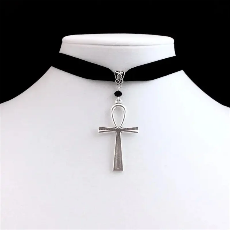 Gothic Ankh Necklace Black Choker Egyptian Grunge Ankh Eternal Life Necklace Witchy Statement Jewelry Pendant Women Gift