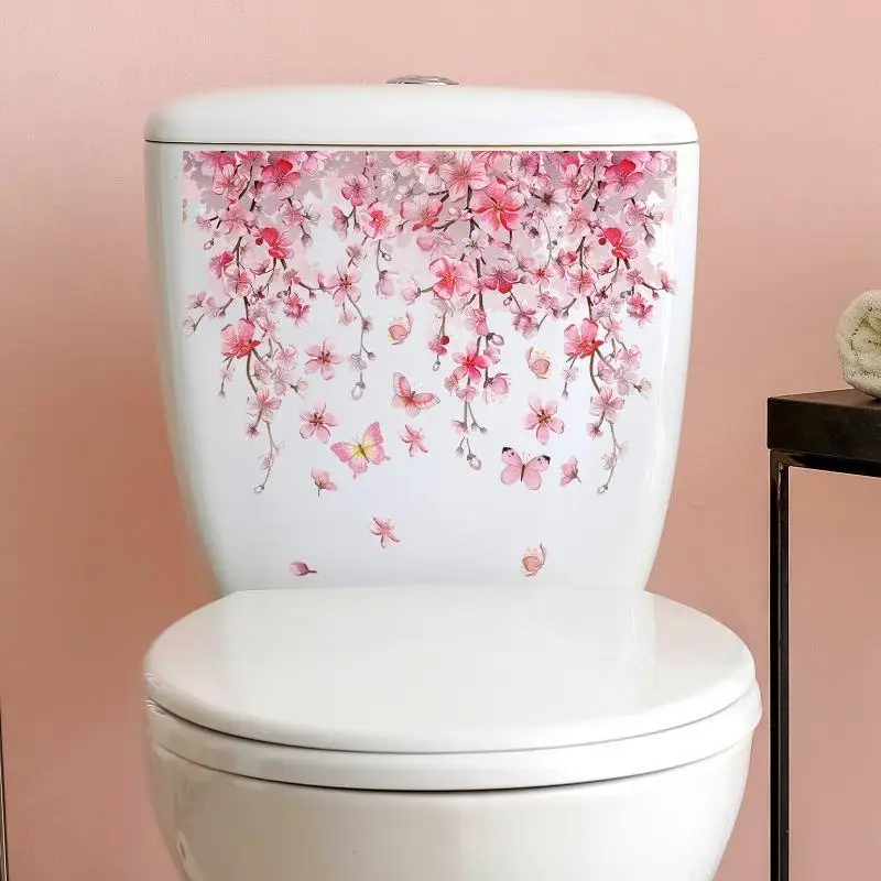 Removable Self-adhesive Pink Flower Butterfly Toilet Seat Sticker Cute Aesthetic Decor for Dorm Bathroom Use