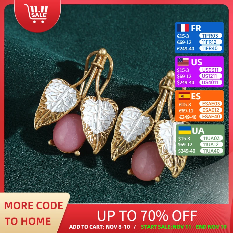 

Vintage Leaf Pink Earring Stud Rose Quartz Natural Stone Enamel Gold Color Elegant Luxury Jewelry Quality Designer Gifts Wedding