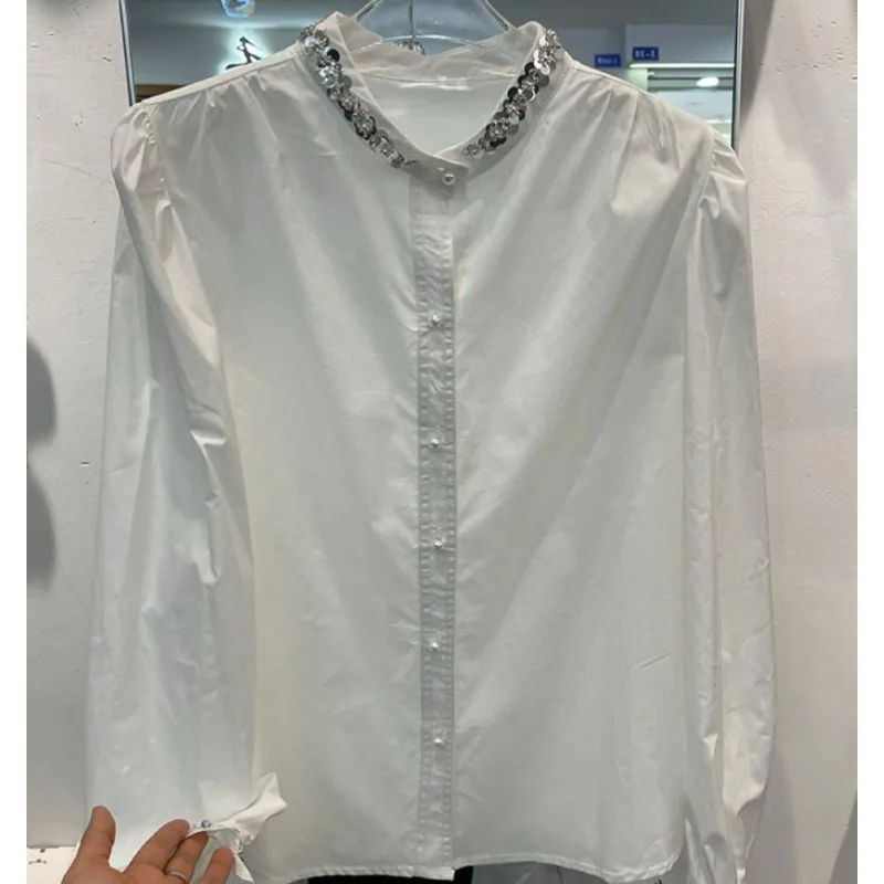 

Осенняя новая французская модная свободная однобортная элегантная рубашка с длинными рукавами и блестками, универсальный топ