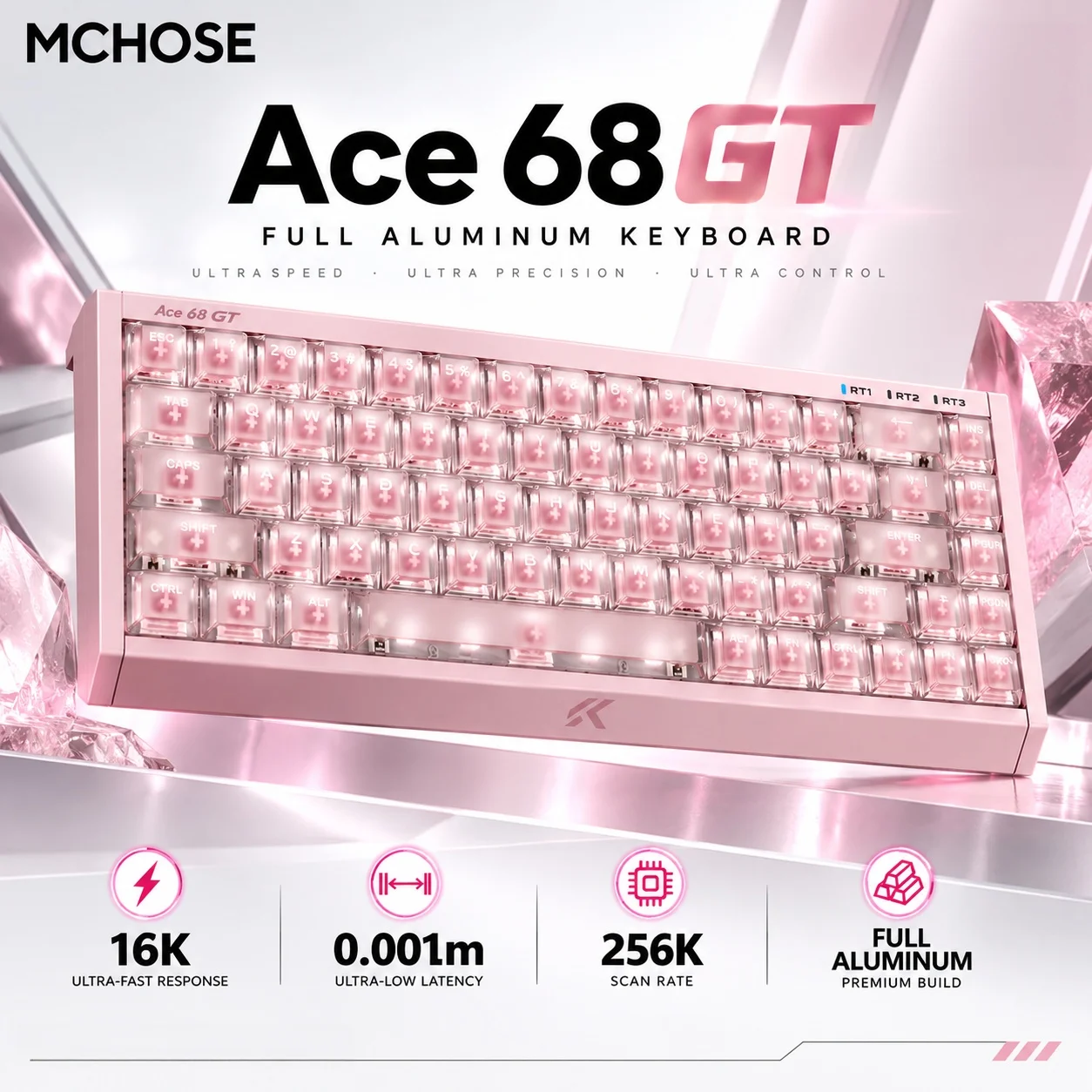 MCHOSE Ace 68 GT Esports Hall Effect Keyboard 16K Full-aluminum Custom Hot Swap 8000Hz Polling Rate RT 0.001mm Gaming Keyboard