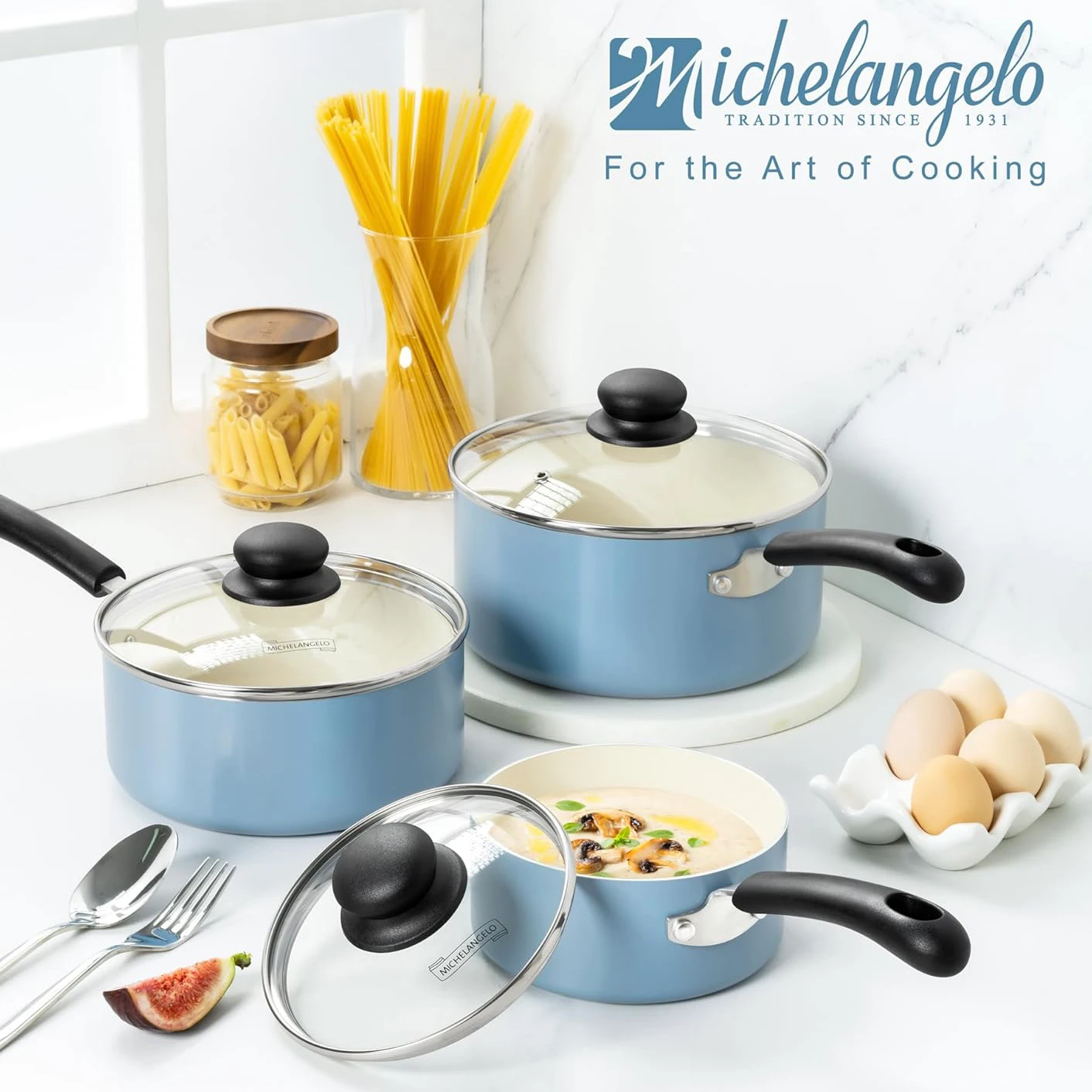 

MICHELANGELO Nonstick Sauce Pan Set with Lid Ceramic Coating Home Milk Pot Induction Cooking Pots Kitchenware