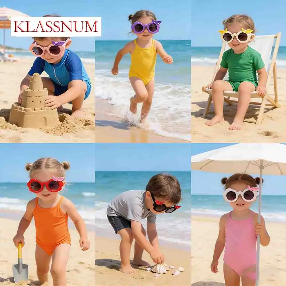 KLASSNUM 2026 Cute Round Flower Bow Sunglasses Kids UV400 Outdoor Eyewear Sleek Flower Frame Toddlers Shades Girls Boys Gift