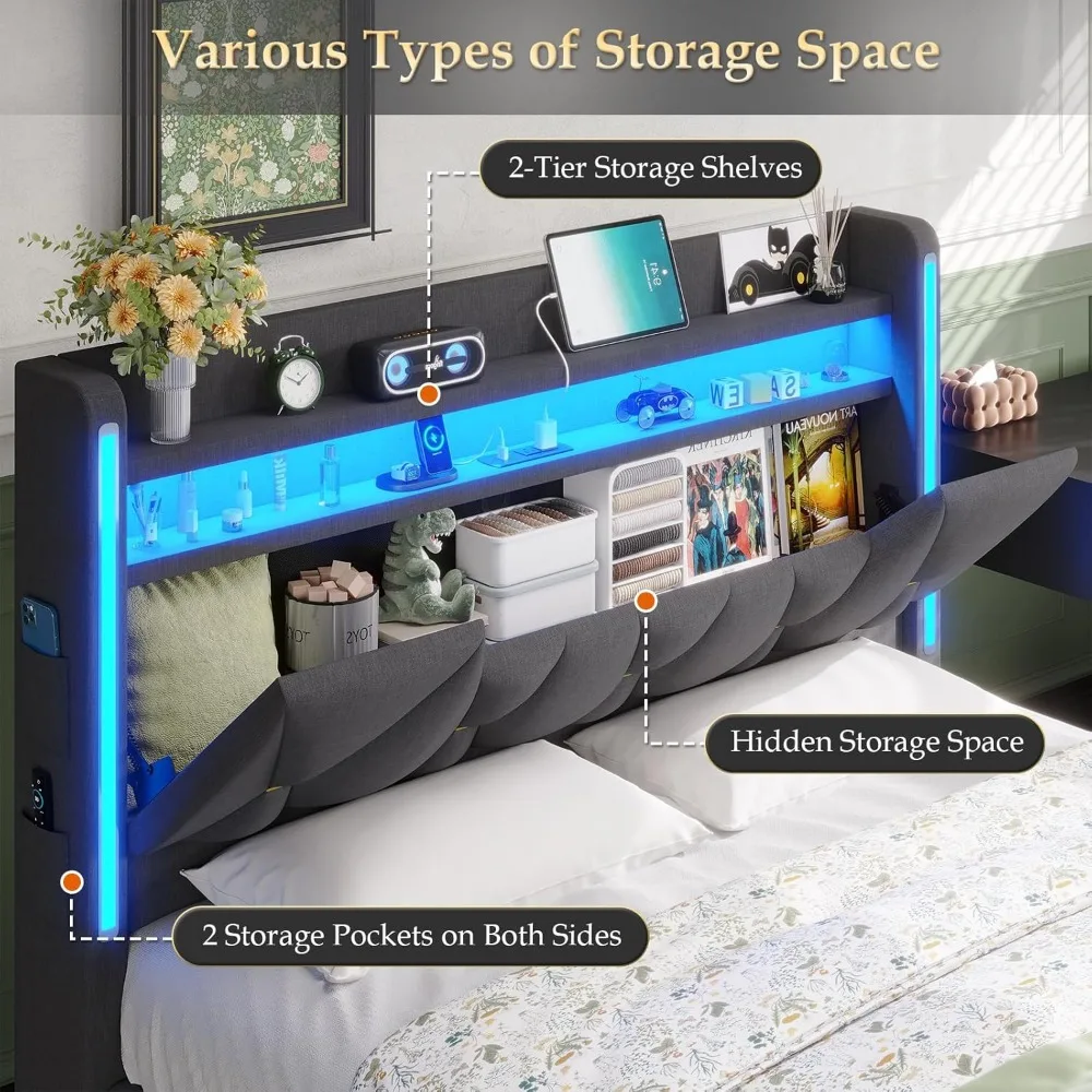 Queen Bed Frame with Storage Drawers, Headboard and 2-Tier Shelves, Bed with Charging Station & LED Lights, Storage Bed Queen