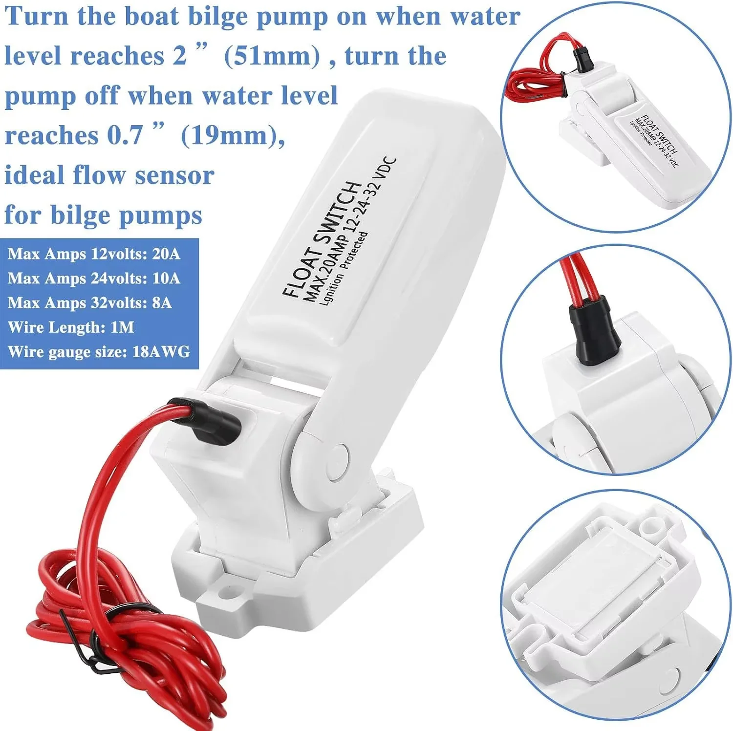 HTMCKWater Pump Switch DC 12V Automatic Electric Boat Marine Bilge Pump Float Water Level Controller Flow Sensor Switch Hardware