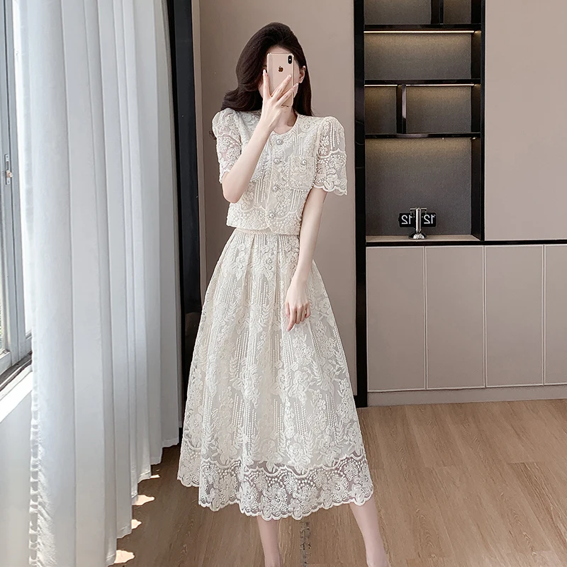 New high-end nail bead water-soluble lace short round neck short sleeved top with high waist and large hem midi skirt set