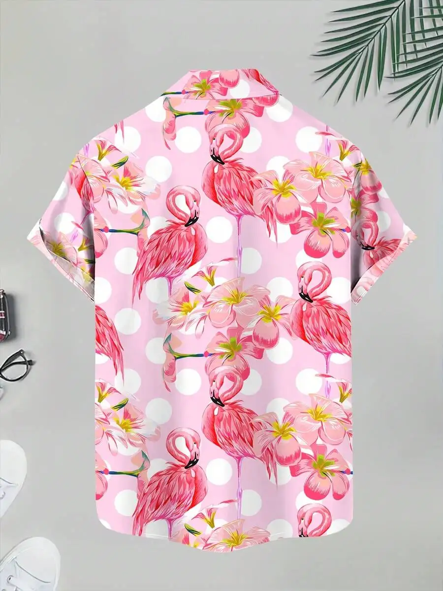 

Pink Flamingo And Plumeria Floral Hawaiian Shirt Men Casual Summer Vacation Shirt