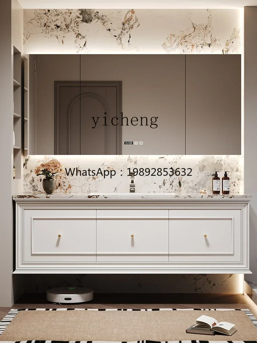 

Cream Wind Resistant Whole Washbin Hanging Rubber Wood Paint Intelligent Bathroom Cabinet Combination Suit