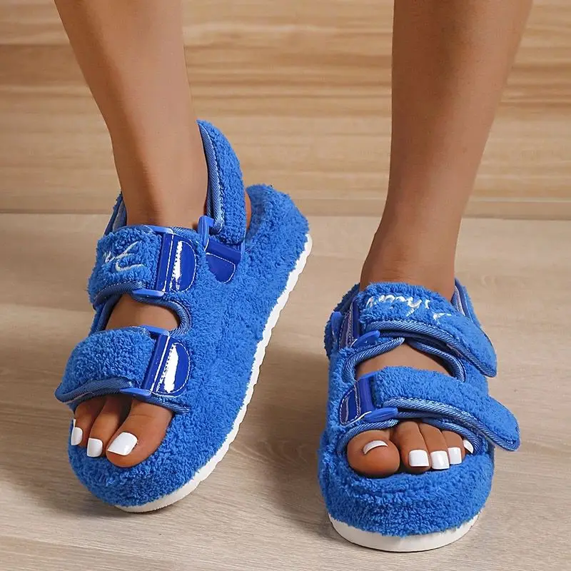 Fur Platform Sandals Women Summer Thick Flat Slides Sandals Girl Fashion Casual Beach Shoes Ladies Open-Toe Plus Size Shoes