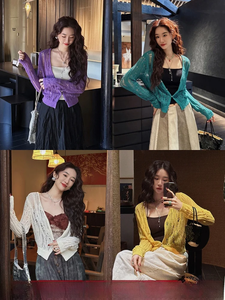 

Женский вязаный кардиган Sanji Bla Flower с ажурным узором, уникальный модный топ из волокнистого материала, для повседневной носки, с длинными рукавами