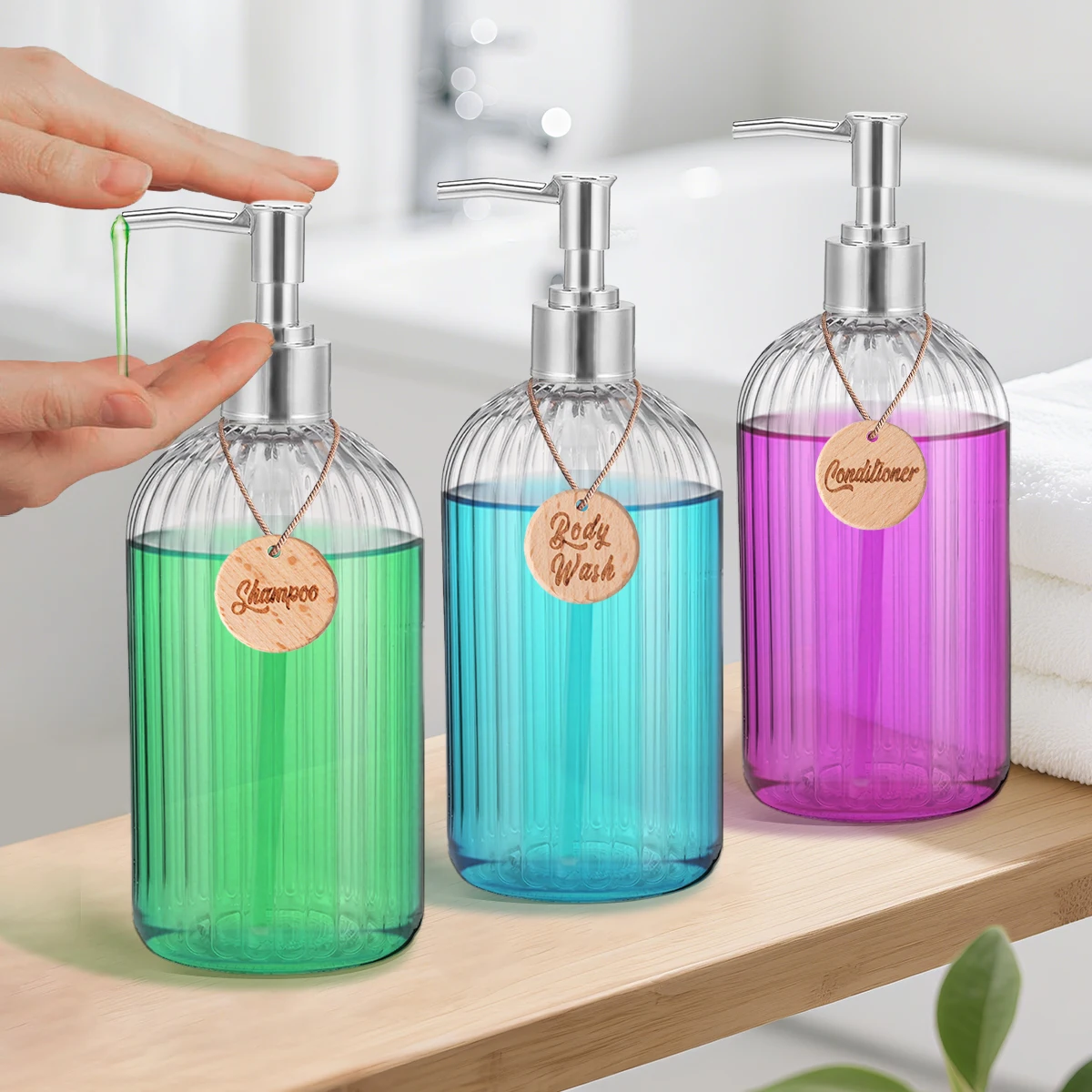 Moderner Shampoo- und Spülungsspender, 3er-Set, nachfüllbare Duschseifenflaschen für Bodywash, Shampoo, Spülung, Badezimmerdekoration