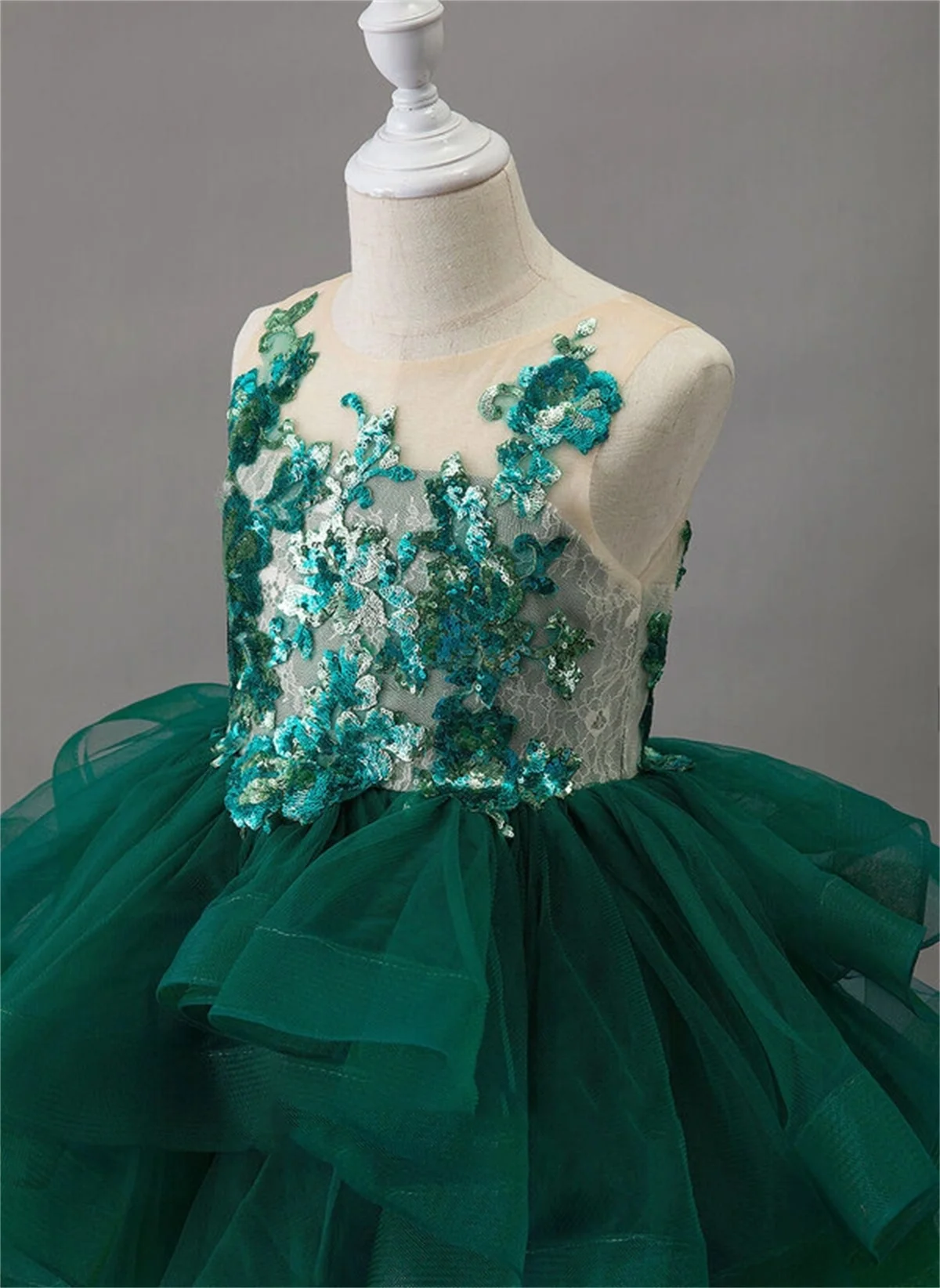 Robe de mariée à fleurs pour filles, col rond, gaze de fibre, paillettes appliquées, fermeture éclair bouffante verte, taille de document personnalisée, robe éducative