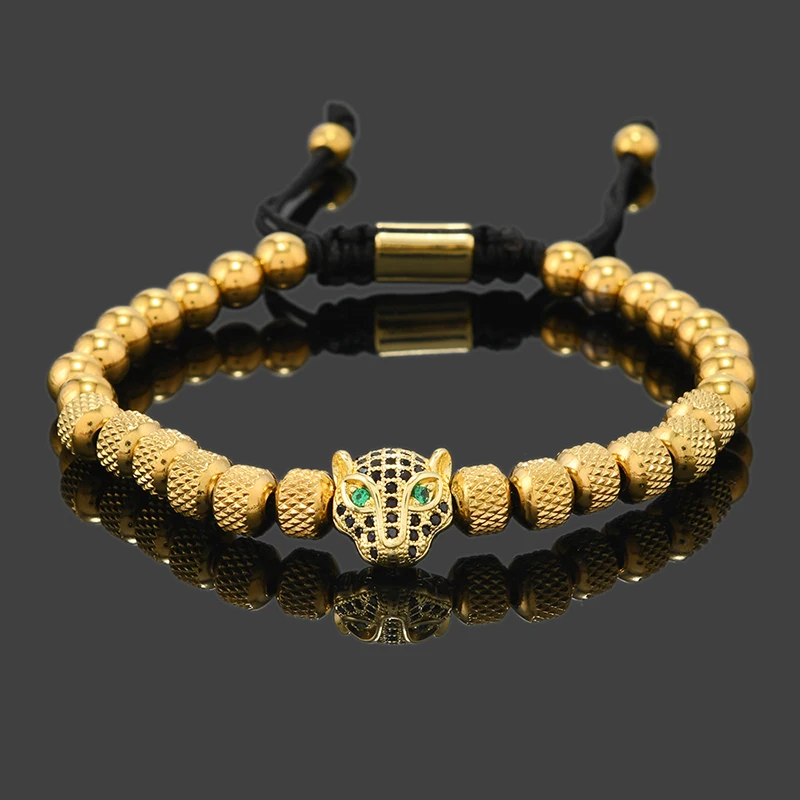Luxury Royal Black Leopard Head Man Bracelet Stainless Steel Beads Hand Jewelry Big Boy Gift