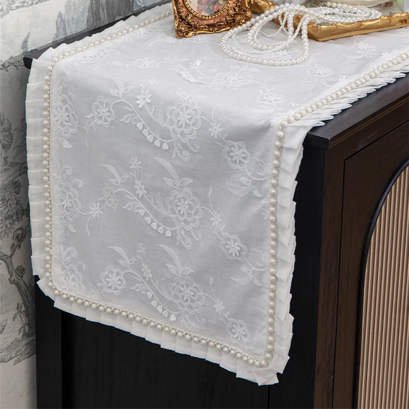 Lace Table Runner White Embroidery French Elegant Coffeetable Cover Cloth Pearl Edge Dressing Table Cabinet Tablerunner Bed Flag