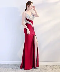 Women's New V-neck sexy backless evening dress sequins splicing high open fork dress party prom long dresses