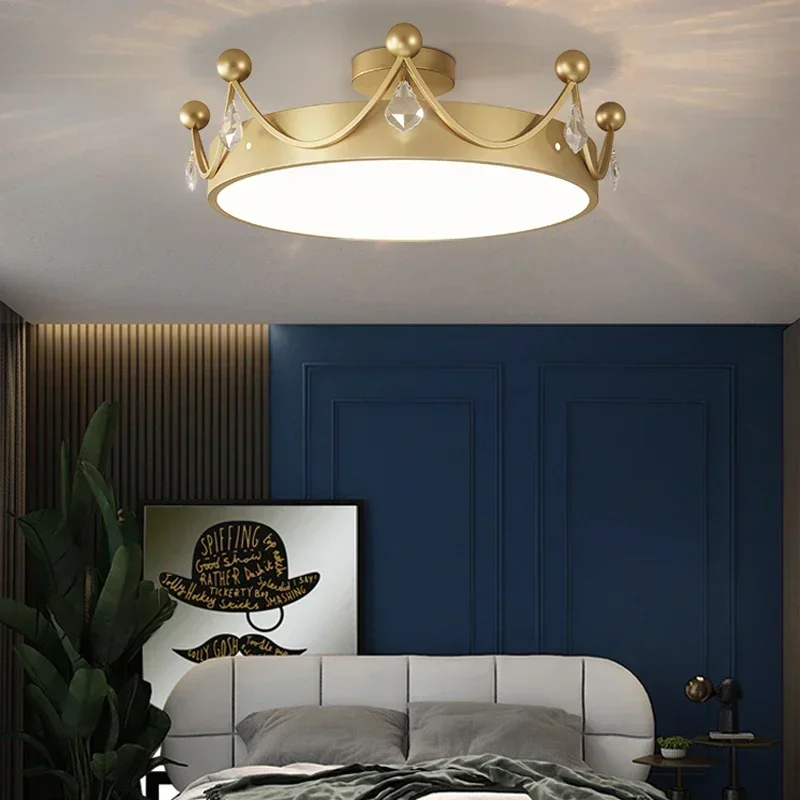Crown Ceiling Lights Child Girl Study Bedroom Modern Princess Ceiling Lamp Crystal Golden Chandelier Fixture Home Decorative