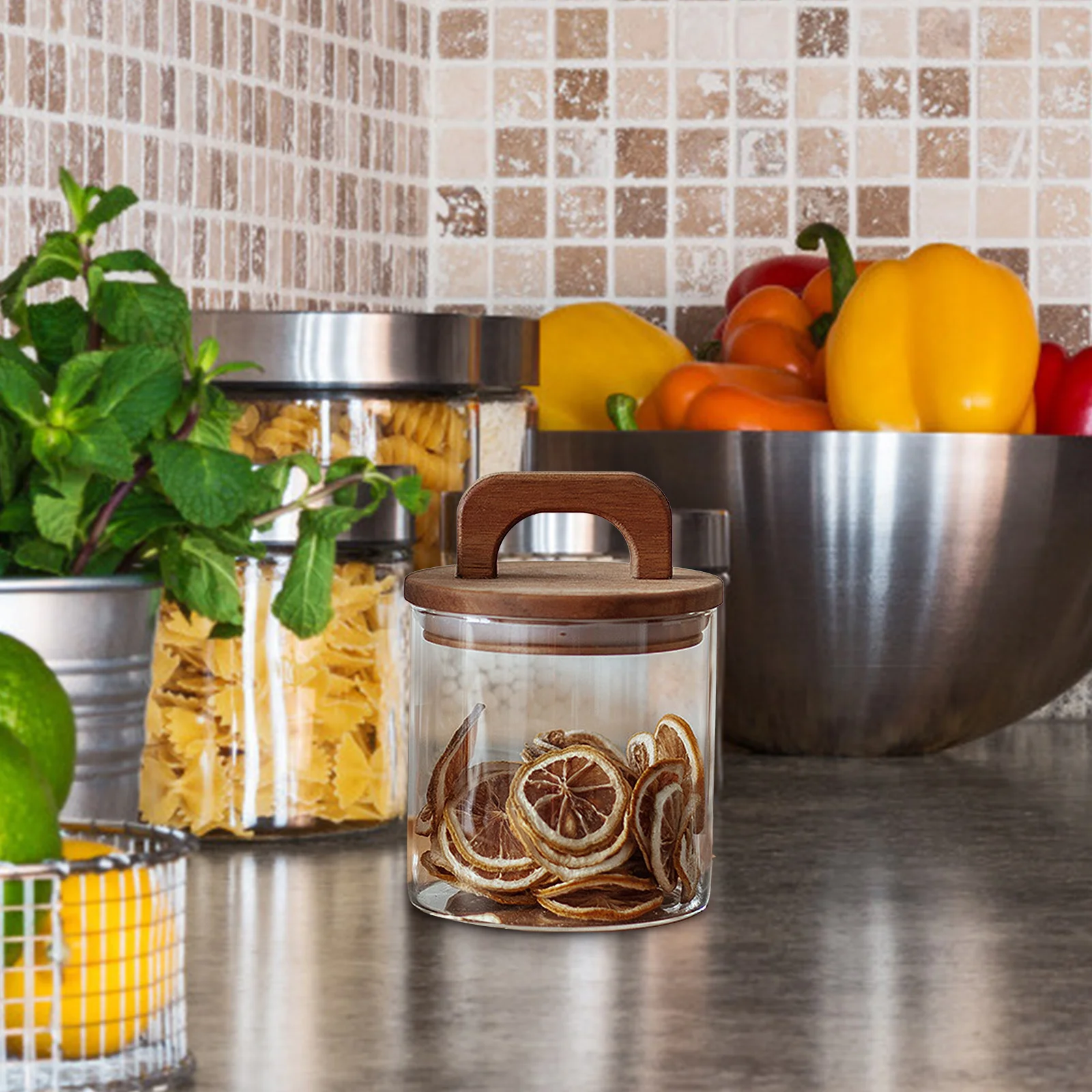 

Glass Storage Jar Large Capacity Solid Wood Handle Lid Airtight Canister for Coffee Tea Sugar Grains Kitchen Organizer