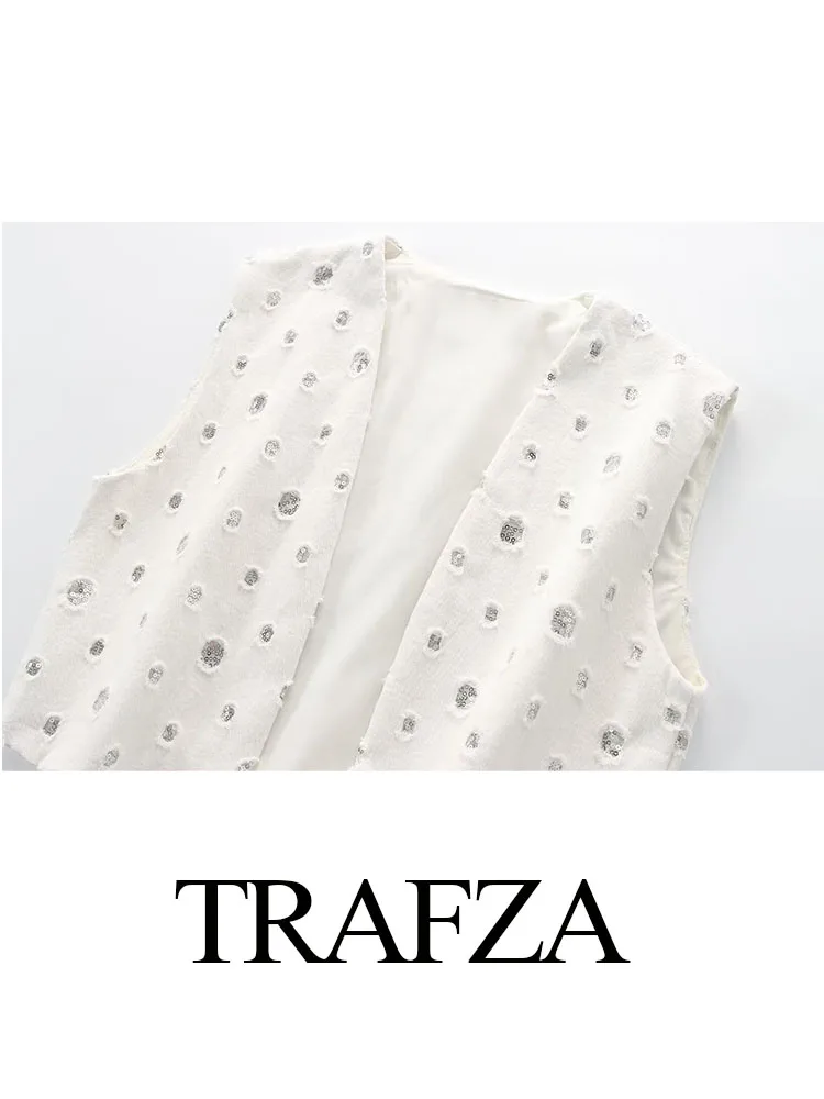 TRAFZA Woman's Streetwear Style Tops White Sleeveless Sequin Decoration Cardigan Vests Summer Short Vest Woman 2024 Trendy Traf